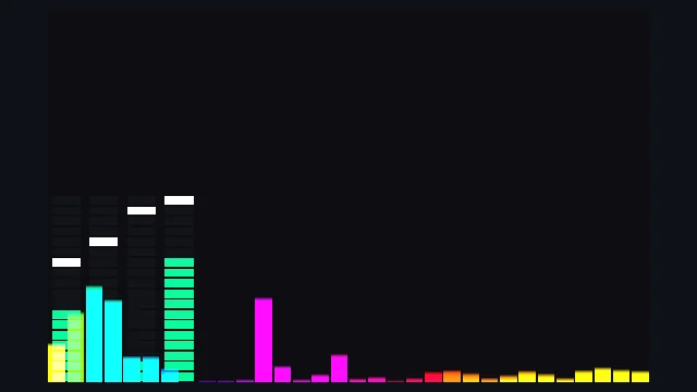 EQ Bars + VU: 128-column discrete frequency bar spectrum with integrated stereo peak-hold VU meter caps.