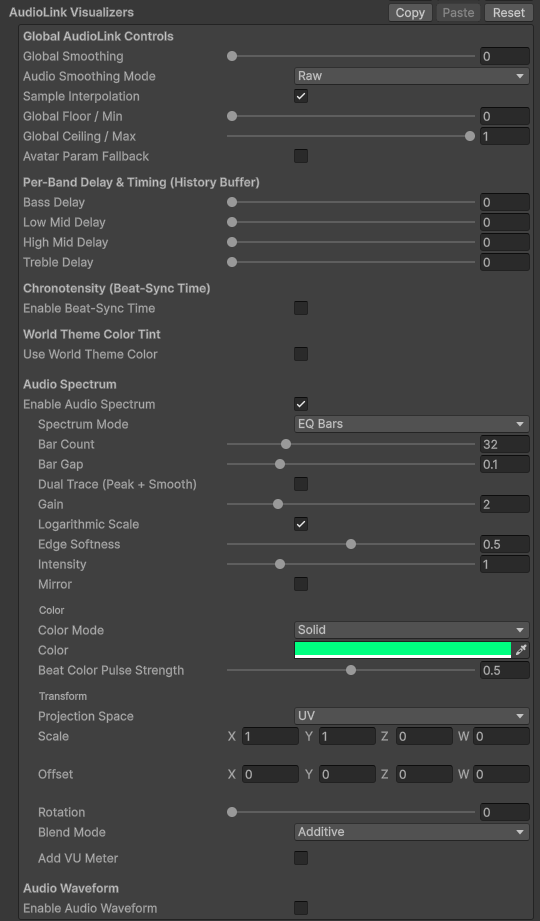FireRatShader material inspector: AudioLink Visualizers section with the Spectrum enabled