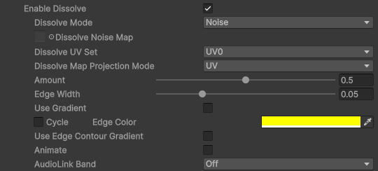 FireRatShader material inspector: Dissolve settings (Noise mode)