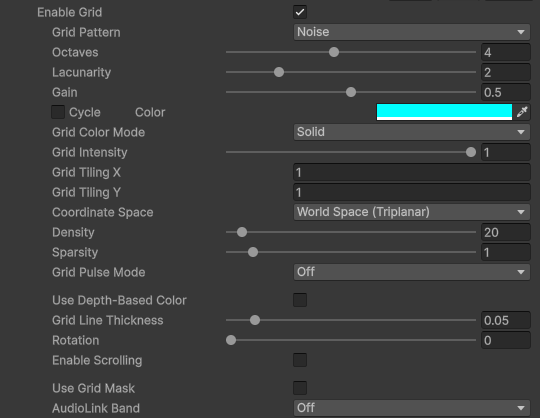 FireRatShader material inspector: Grid overlay settings