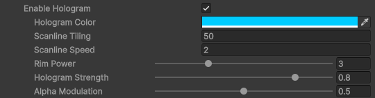FireRatShader material inspector: Hologram settings