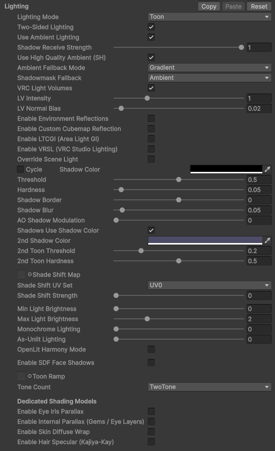 FireRatShader material inspector: Lighting section in Toon mode