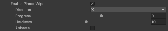 FireRatShader material inspector: Planar Wipe settings