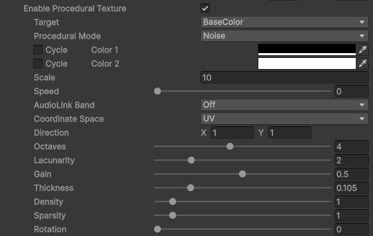FireRatShader material inspector: Procedural Texture settings (Noise mode)