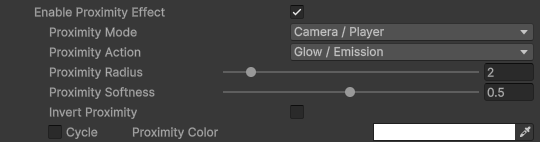 FireRatShader material inspector: Proximity Effect settings