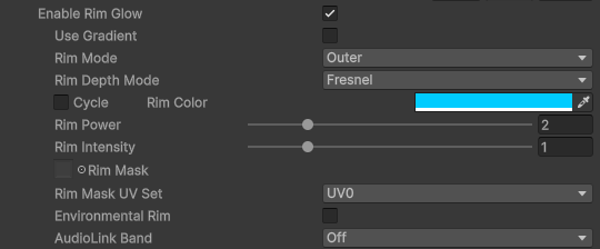 FireRatShader material inspector: Rim Glow settings