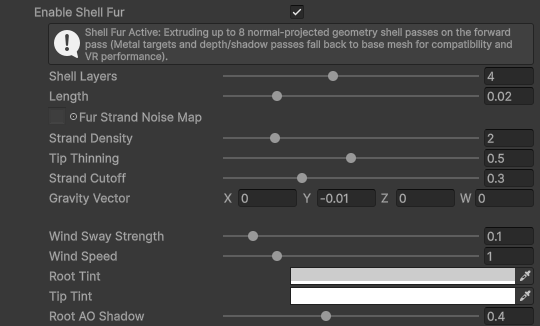 FireRatShader material inspector: Shell Fur settings on the Fur shader