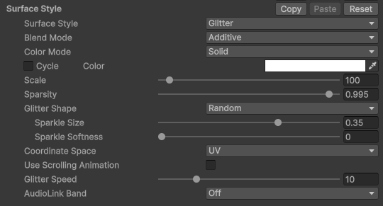 FireRatShader material inspector: Surface Style set to Glitter