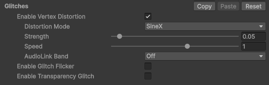 FireRatShader material inspector: Glitches section with Vertex Distortion enabled