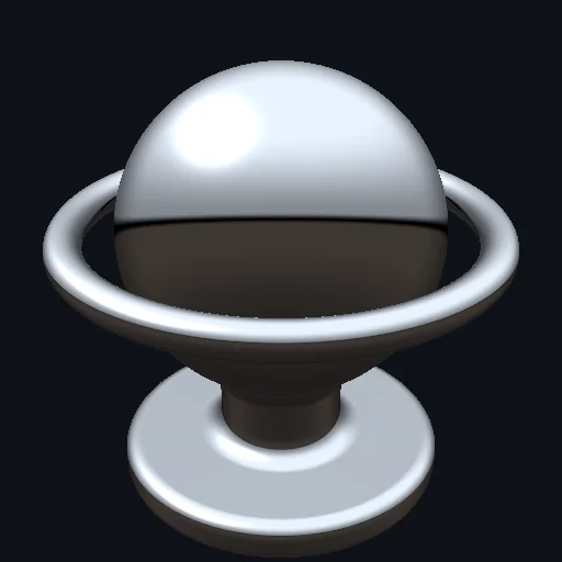 MatCap Chrome: Mirror-like chrome reflection captured via lightweight MatCap sphere mapping.