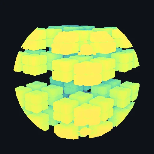 Icosahedron Fractal: 3D raymarched fractal calculated inside the sphere volume with 360° rotation.